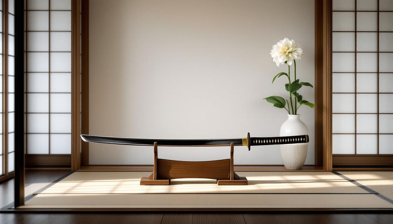 Conservation traditionnelle de sabres japonais dans un tokonoma