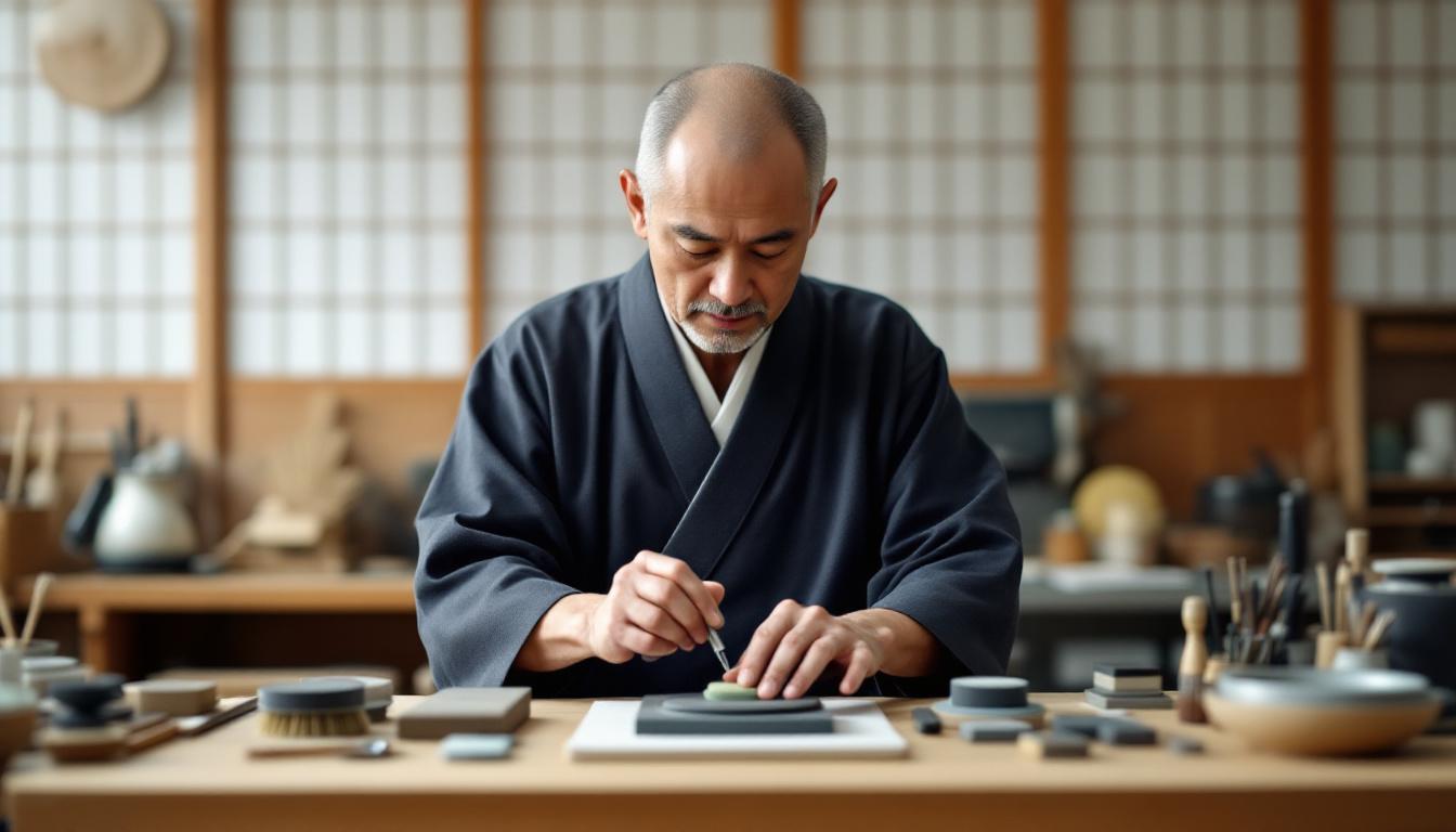 Maître polisseur travaillant sur un sabre japonais antique