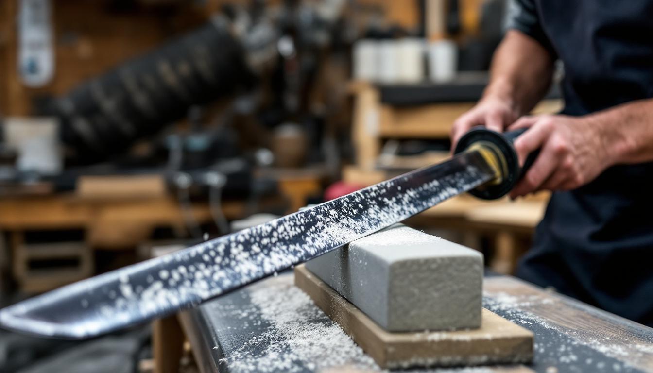 Entretien traditionnel d'un sabre japonais avec outils ancestraux